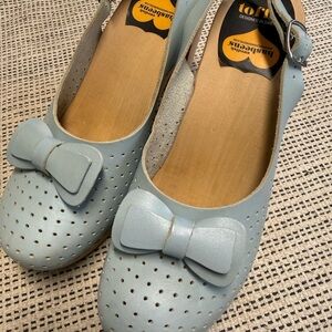 Swedish Hasbeens Toffel Platform Clogs Blue Leather Coquette Sandals Heels Sz 40
